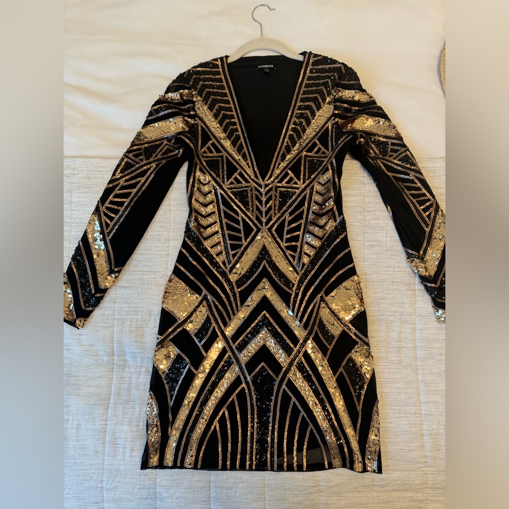 Express black & gold sequin party dress